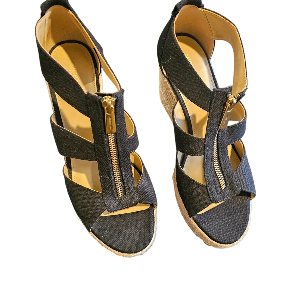 Michael Kors Black Strappy Espadrille Wedge Sandals with Gold Zip